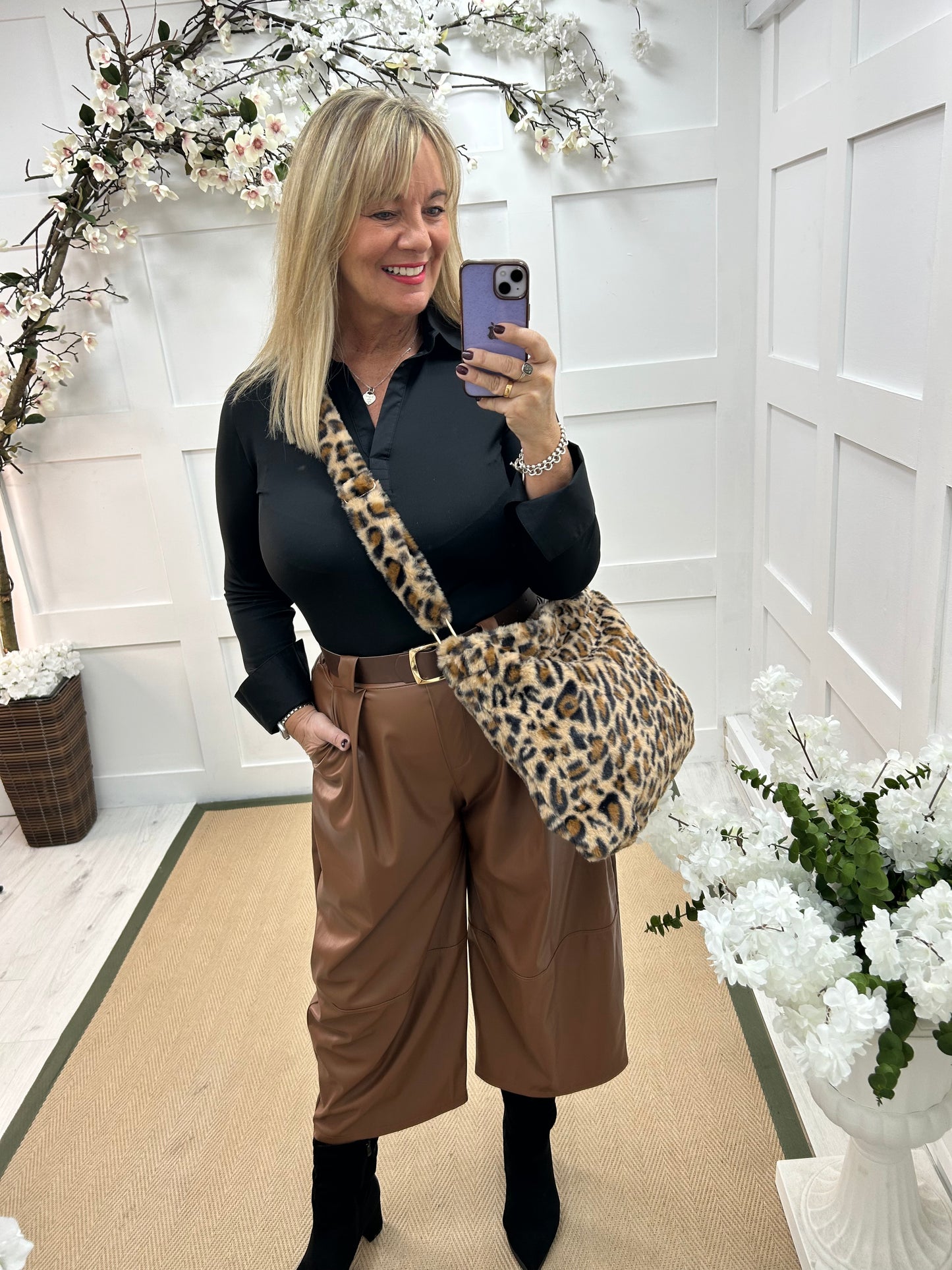 Allegra: Tan 3/4 faux leather belted trousers. One size: 14-18