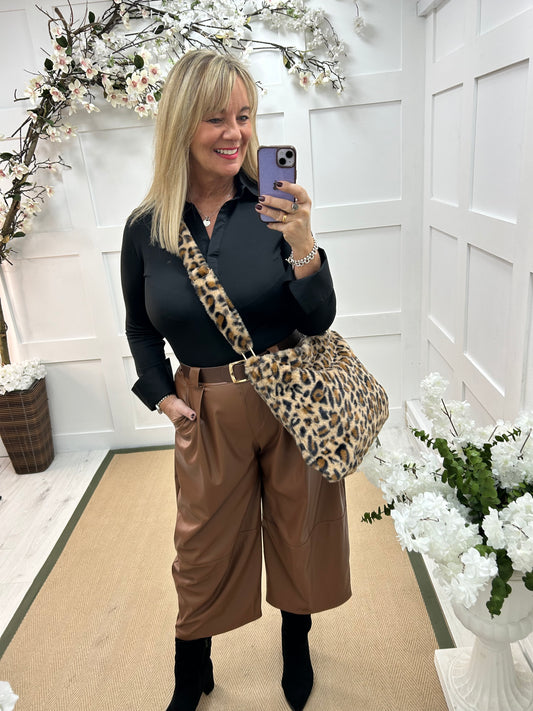 Allegra: Tan 3/4 faux leather belted trousers. One size: 14-18