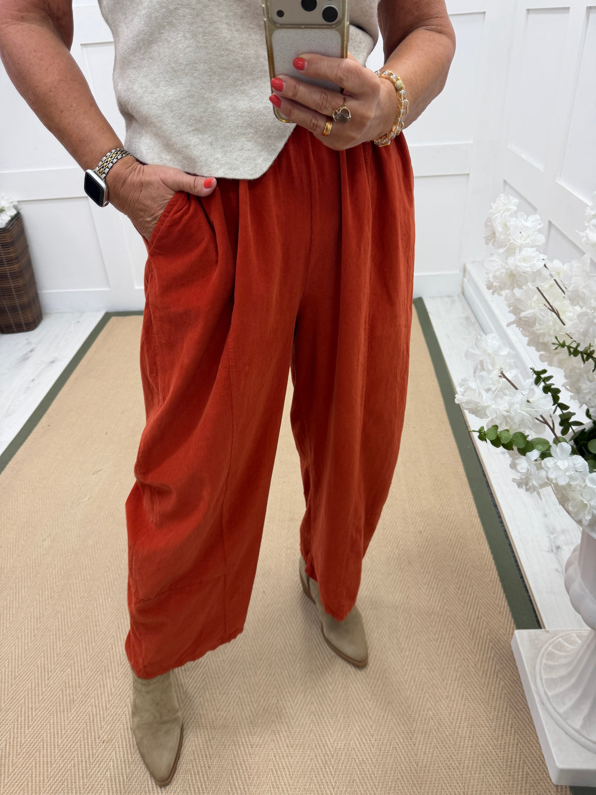 Carly: Needle cord balloon leg trousers. One size: 12-20. 3 colours
