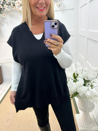 Phoenix: Black button knit top. One size: 14-20