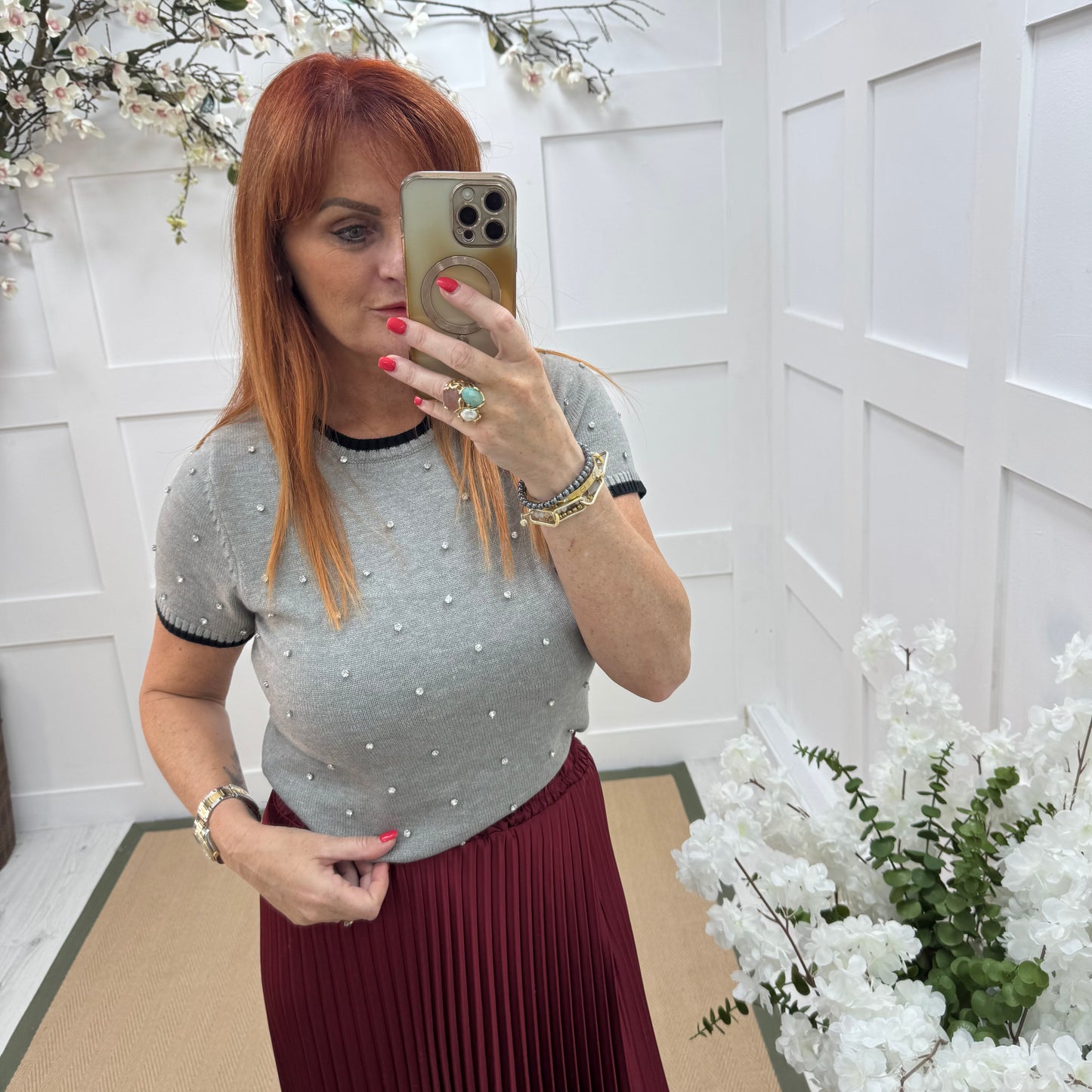 Noelle: Grey stretchy knit rhinestone top. 2 sizes