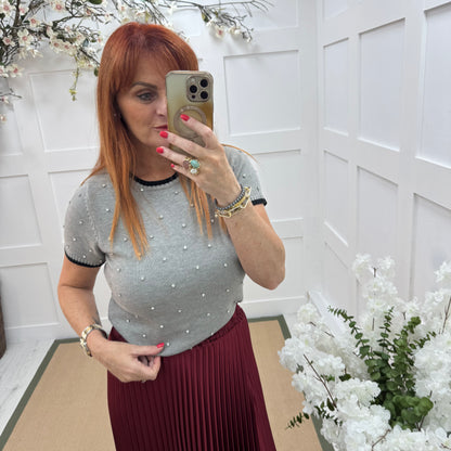 Noelle: Grey stretchy knit rhinestone top. 2 sizes