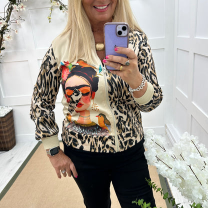 Beca: Silky gold Frida Kahlo printed bomber jacket. One size: 10-16
