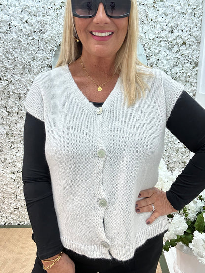 Nula: Winter white plain button waistcoat. One size: 14-20