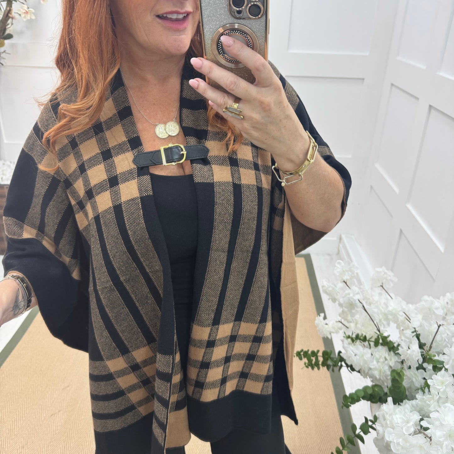 Karla: Brown check wool  cape. Free size