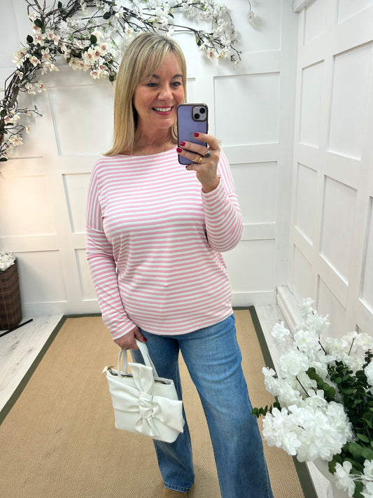 Saffi: Pink thin stripe T shirt top. One size: 14-18