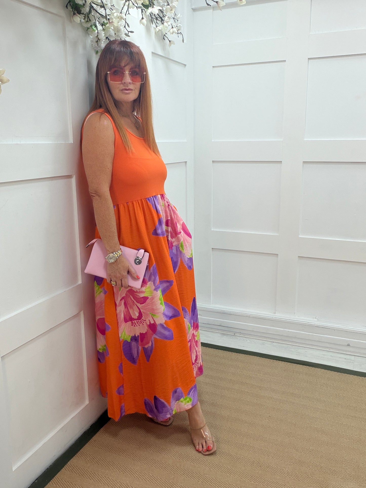Florrie: Sleeveless floral midi dress. Sizes: 10-16. 3 colours