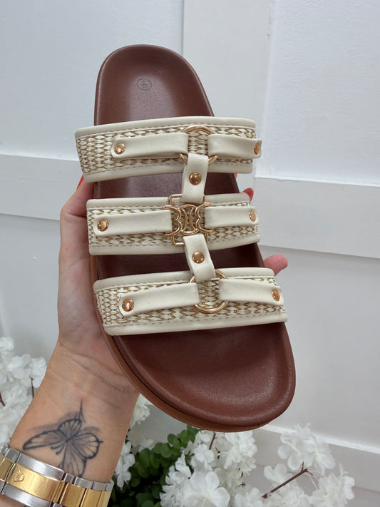 Rene: Cream & gold 3 strap sandals Sizes: 3-8