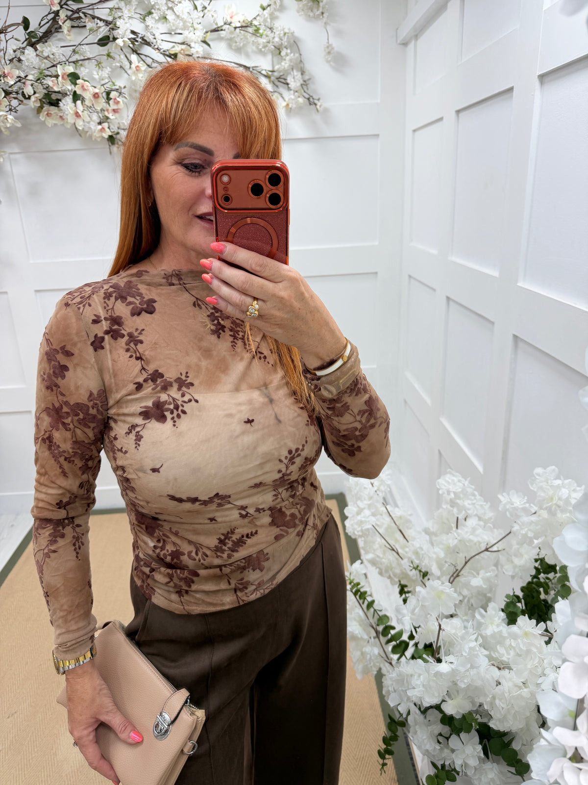 Millie: Camel & brown mesh top. One size: 10-16