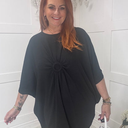Stacey: Black ring detail tunic dress. One size: 12-22
