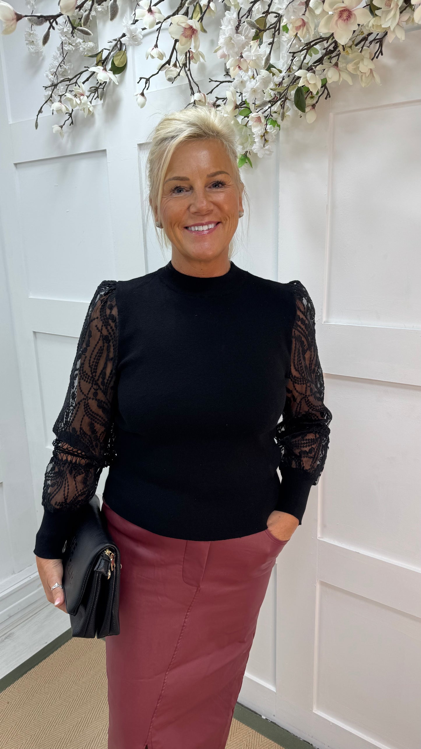 Alora: Black crochet balloon sleeve top. 3 sizes.