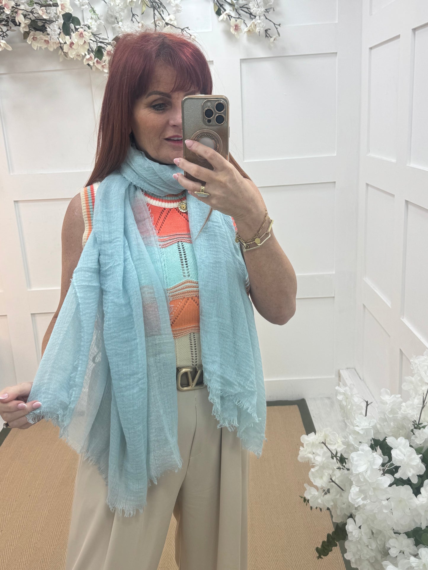 Tula: Powder blue long frayed raw edge scarf. One size