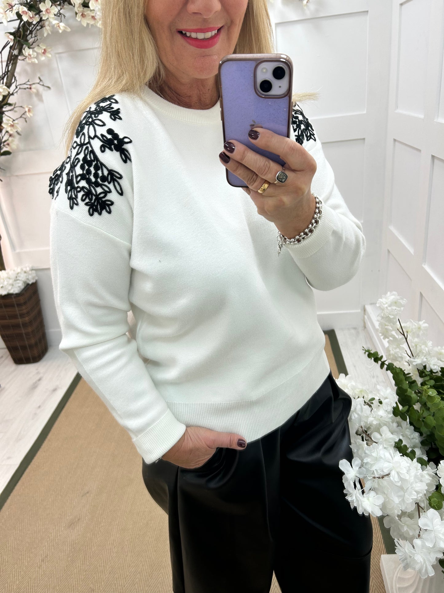 Fleur: Cream embroidered shoulder knit. 2 sizes