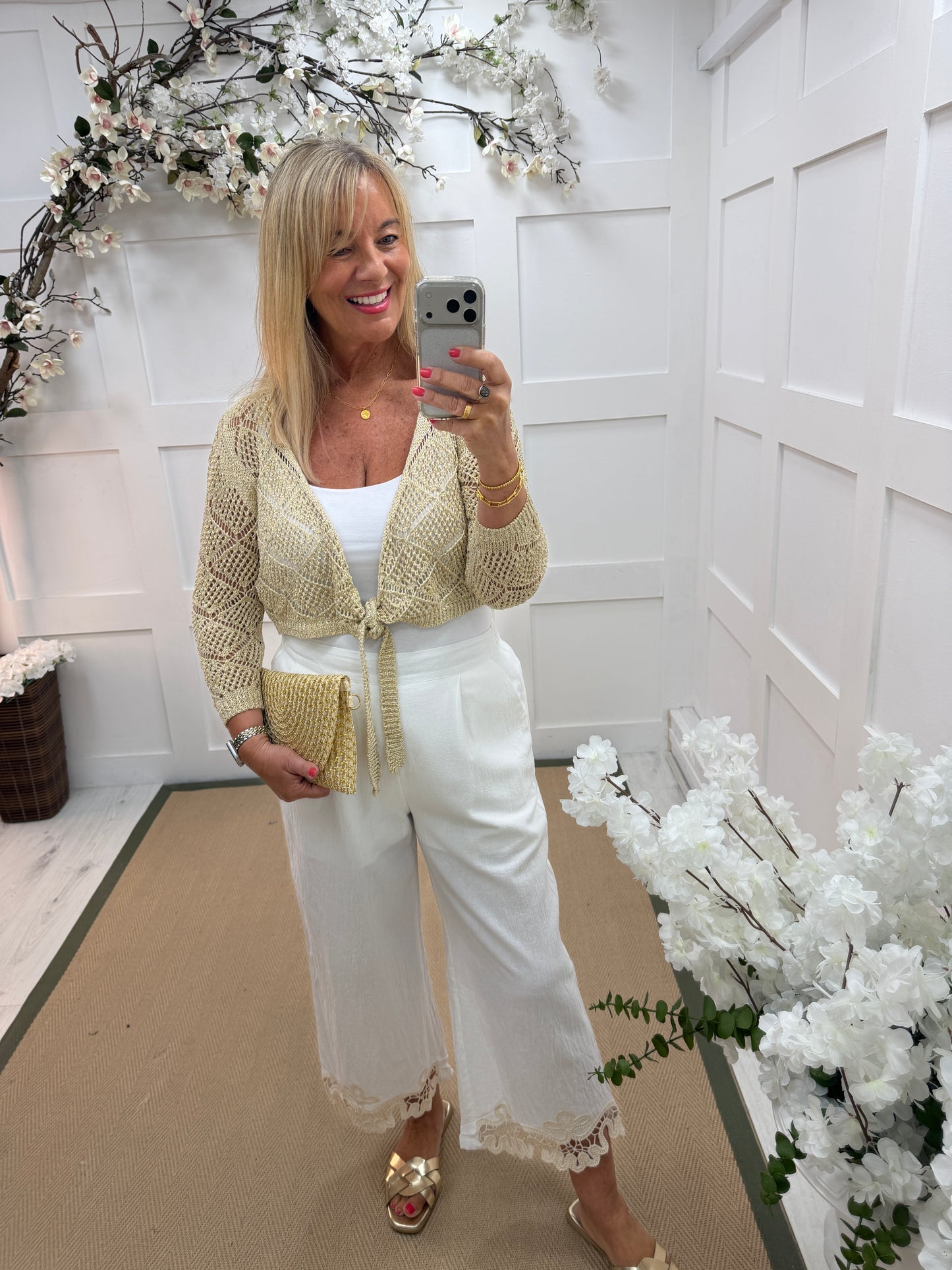 Selena: Gold short tie front crochet shrug. One size: 10-16