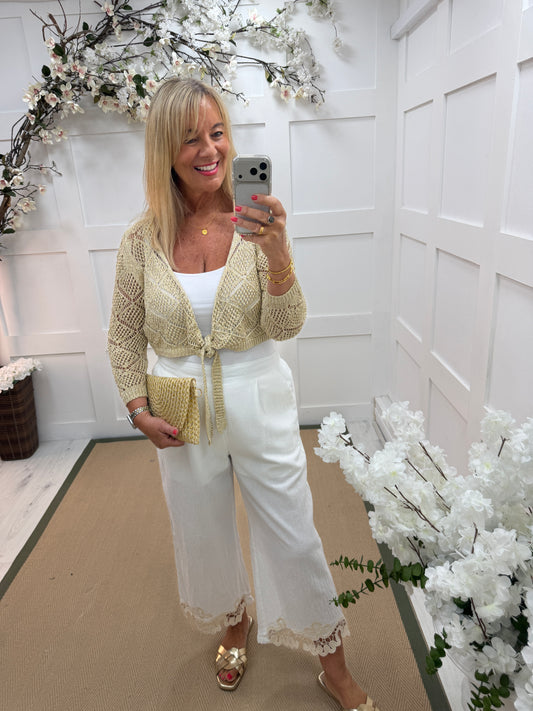 Selena: Gold short tie front crochet shrug. One size: 10-16