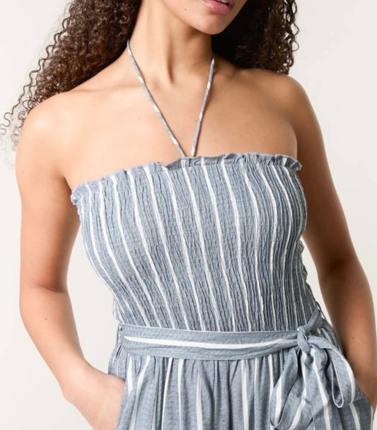 Kendal: Blue pinstripe wide leg jumpsuit. 3 sizes: 8-16