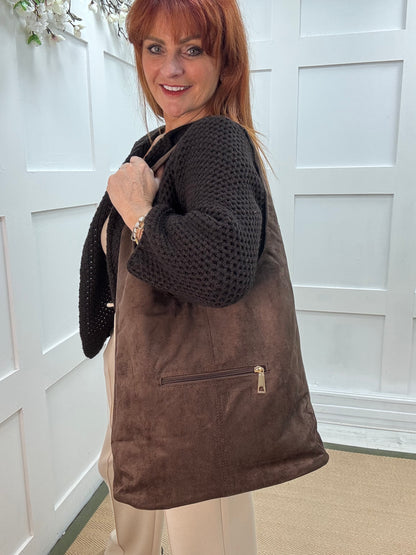 Sable: Brown vegan suede slouchy bag