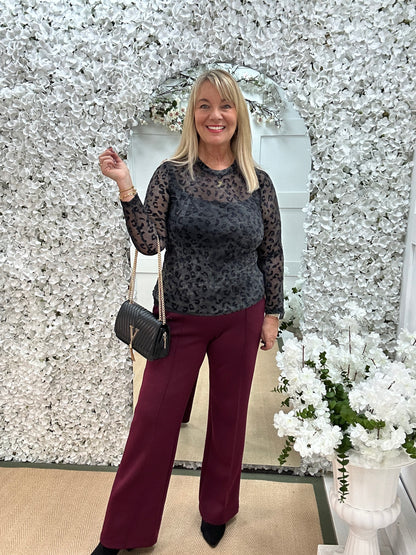 Rhianna: Black velvet leopard print mesh top. One Sz: 10-16