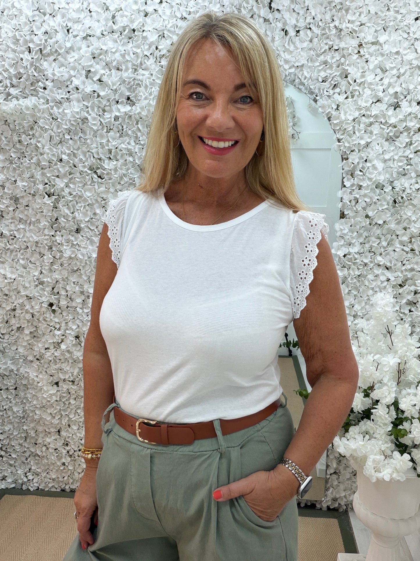 Kiki: Broderie anglaise flutter sleeve top. One size: 10-16. 3 colours