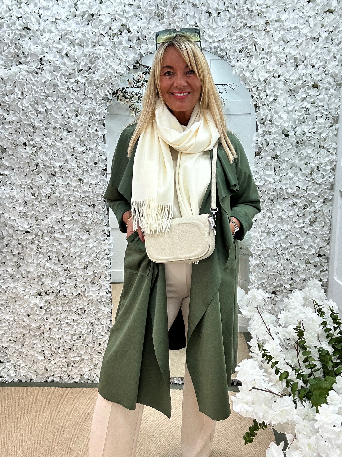 Marlowe: Khaki waterfall coat with pockets. One size 14-20