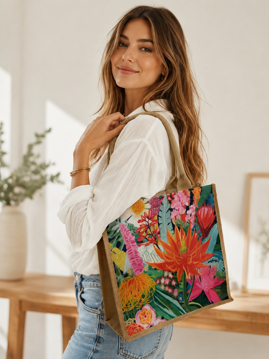 CJ: Multicoloured floral hessian beach bag