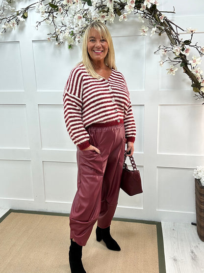 Drew: Burgundy faux leather cocoon trousers. One size: 12-18