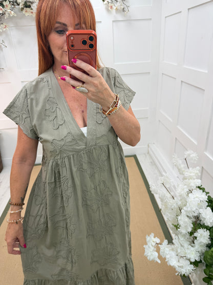 April: Floral embroidered belted midi dress. One size: 10-16. 3 colours