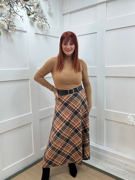 Billie: Camel high neckline plain top. Two sizes.