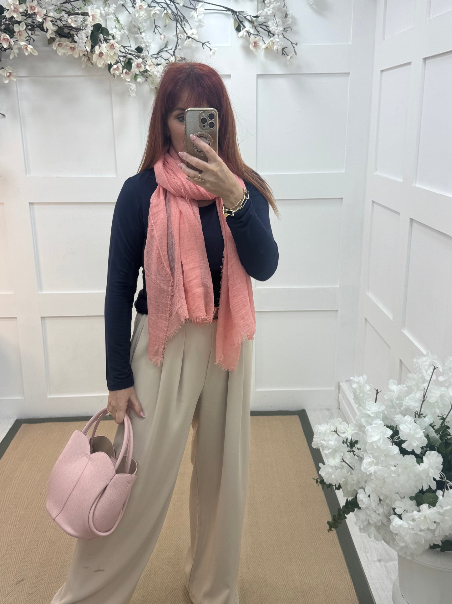 Tula: Salmon pink long frayed raw edge scarf. One size