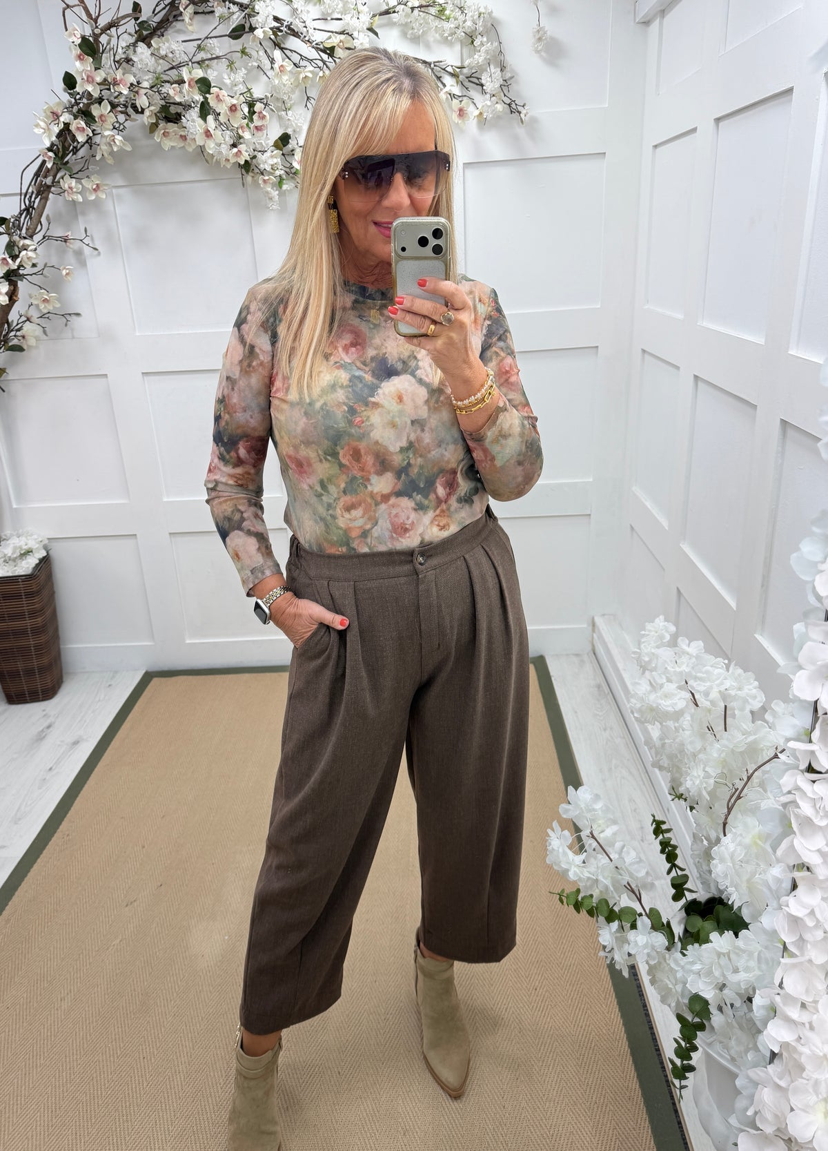 Thea: Brown tweed style barrel trousers. 2 sizes