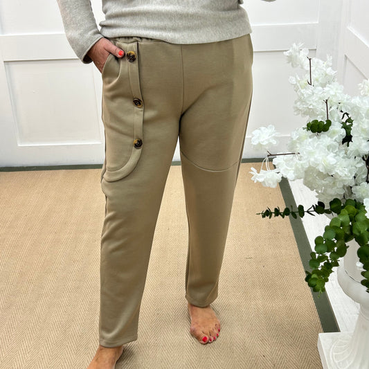 Monroe: Mocha stretchy button trousers. One size: 12-18