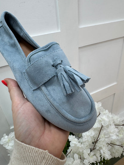 Lula: Powder blue suedette loafer. Sizes: 3-8