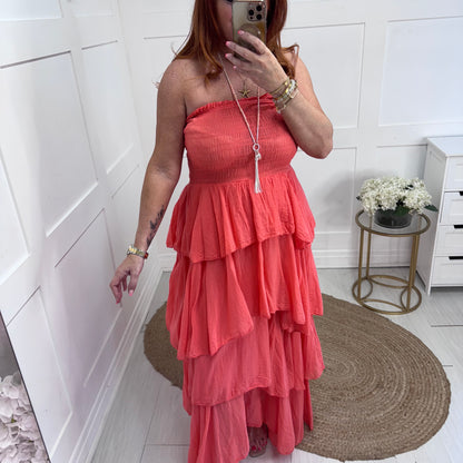Kellie: Coral boobtube cotton rara dress. One size: 10-18