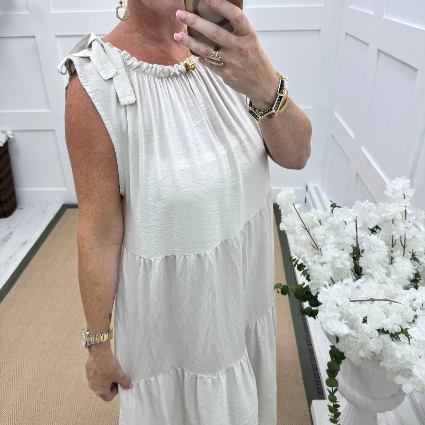 Adair: Cream tie neck midi dress. One size 10-16