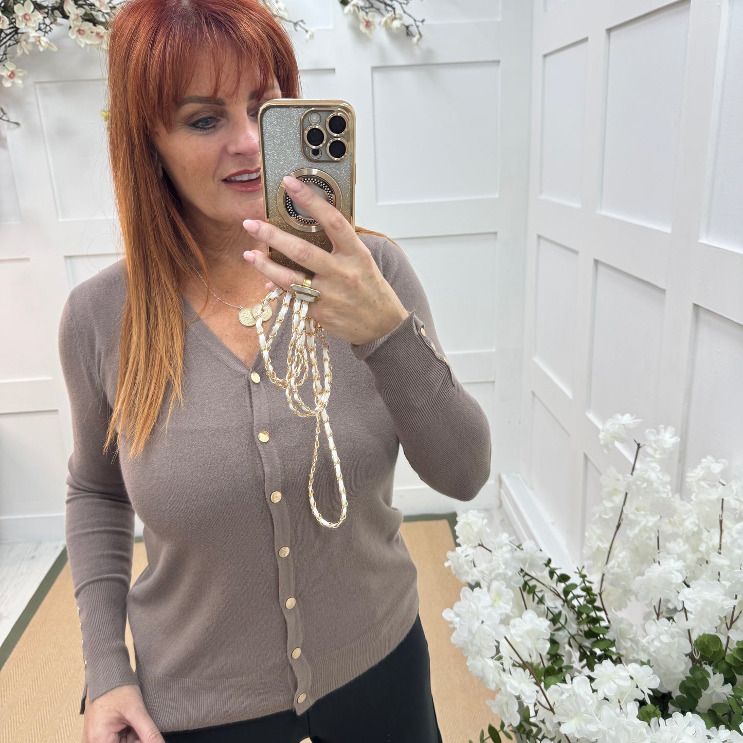 Katy: Mocha V neck button sleeve top/cardigan. 2 sizes