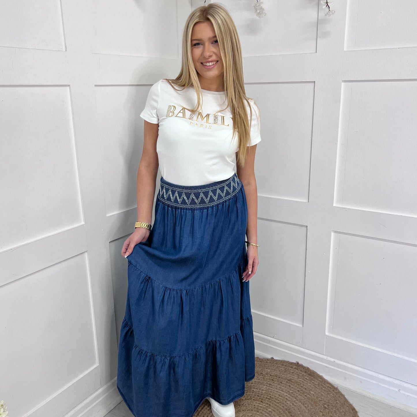 Prya: Denim blue embroidered maxi skirt. One size: 10-16