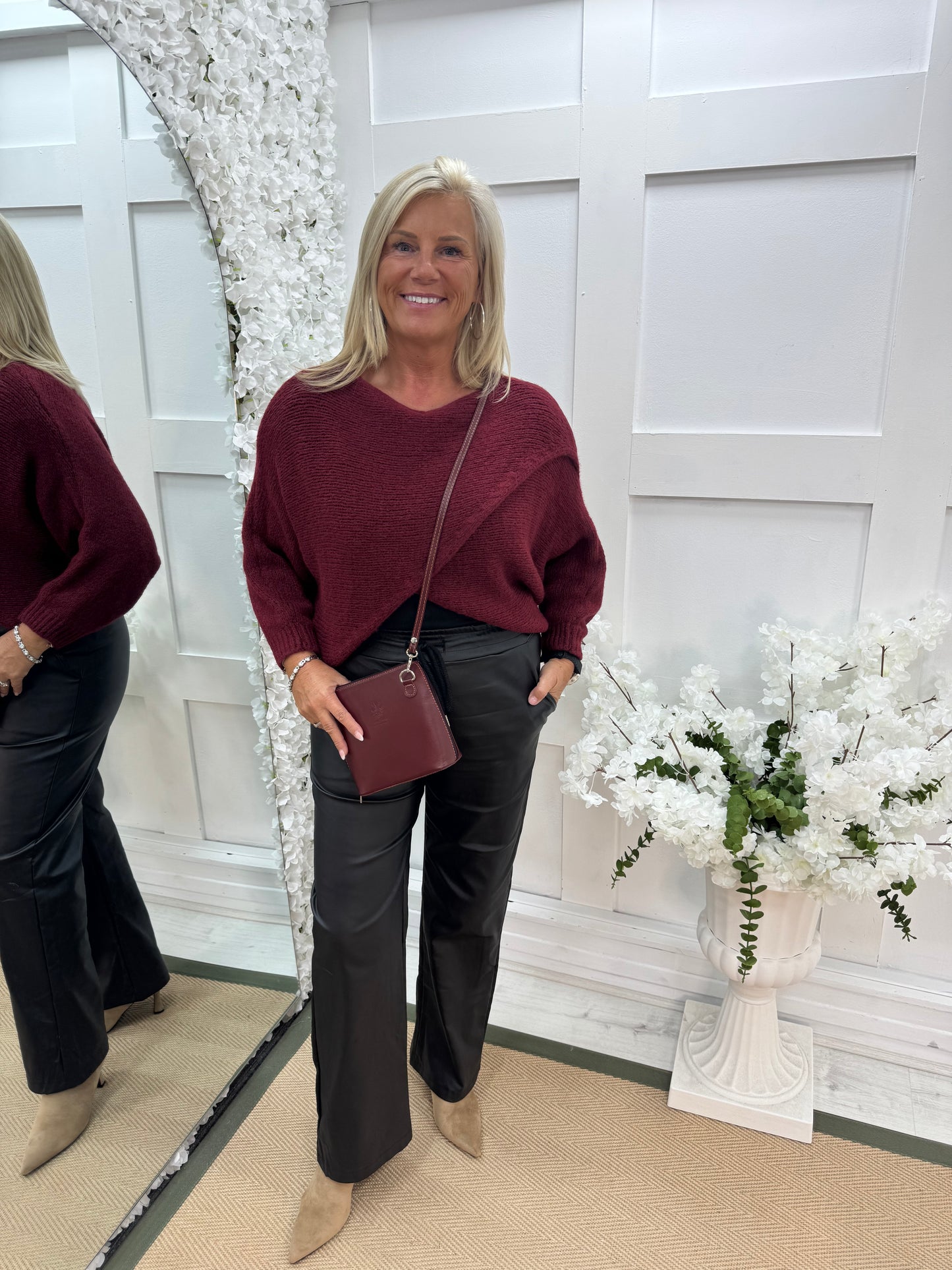 Willow: Burgundy stretchy short wrap top. One size: 10-18