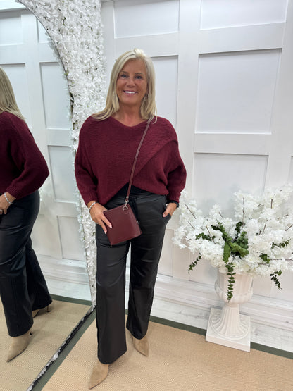 Willow: Burgundy stretchy short wrap top. One size: 10-18