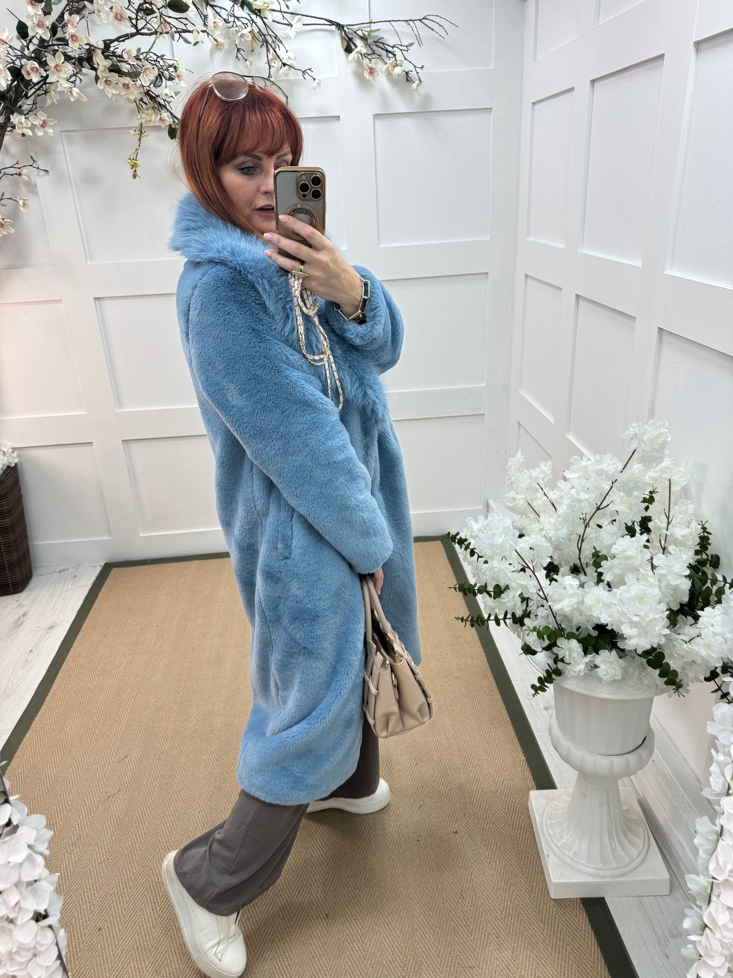 Madeleine: Blue long faux fur coat . One size 12-18