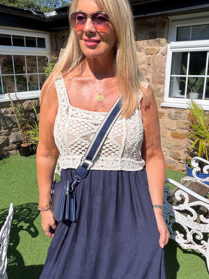 Carly: Cream crochet top maxi dress. One size: 10-16. 3 colours