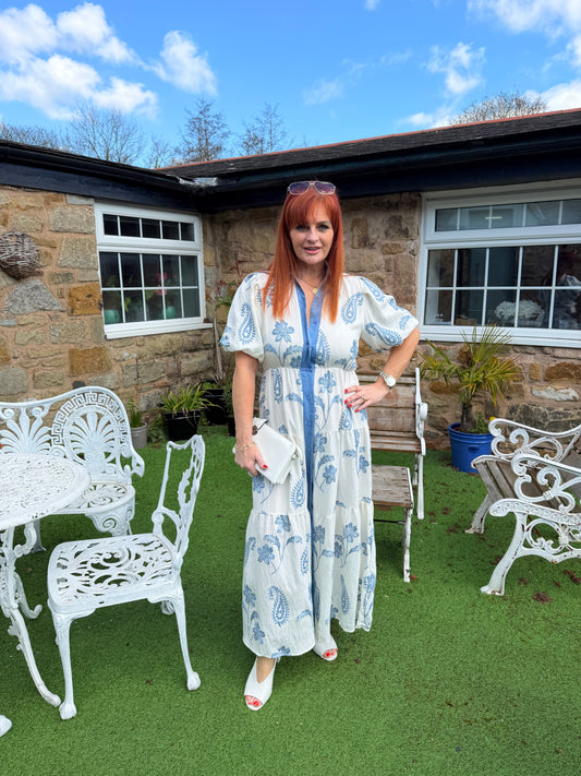 Luna: White & blue short sleeve maxi dress. 2 sizes.