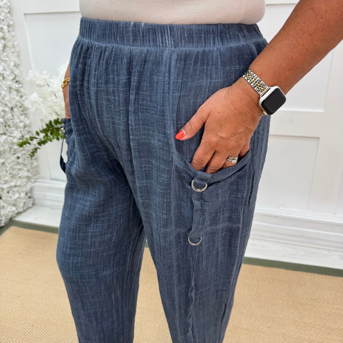 Skylar: Denim blue Made in Italy cotton trousers. Sizes: 16-20