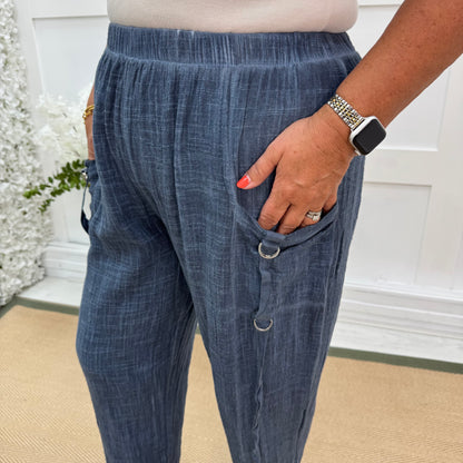 Skylar: Denim blue Made in Italy cotton trousers. Sizes: 16-20