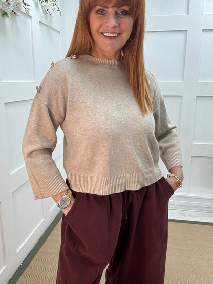 Lorna: Oatmeal gold button knitted top. One Sz: 10-16