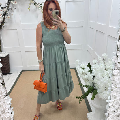 Melody: Khaki shirred midi dress. One size: 12-18