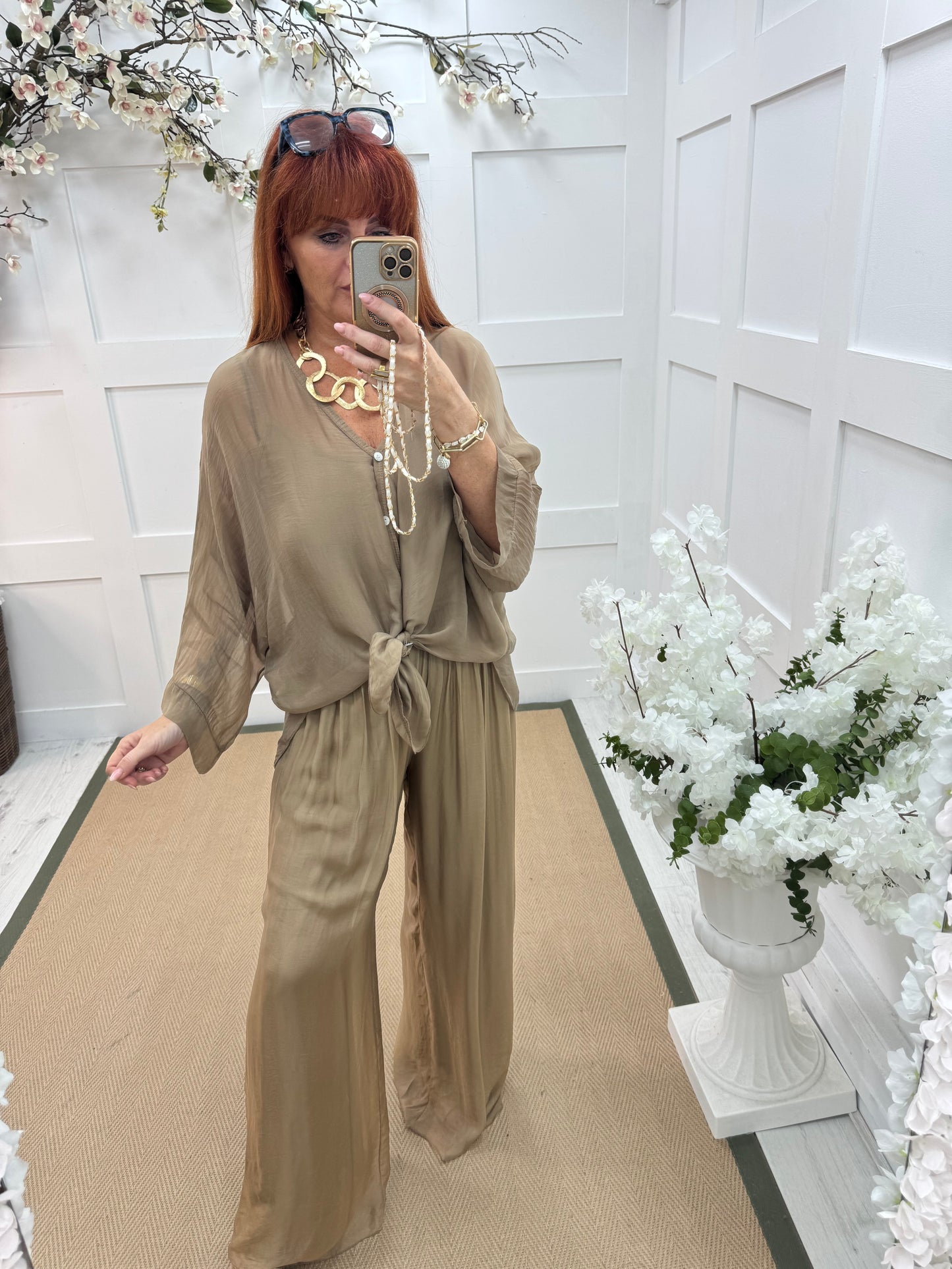 Venice: Gold silk wide leg trousers. One size: 12-20