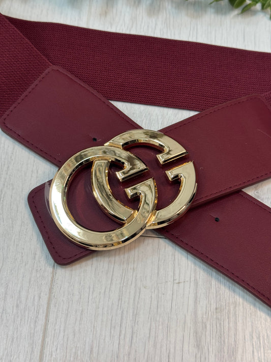 Calla: Burgundy gold GG buckle wide belt. One size: 8-16