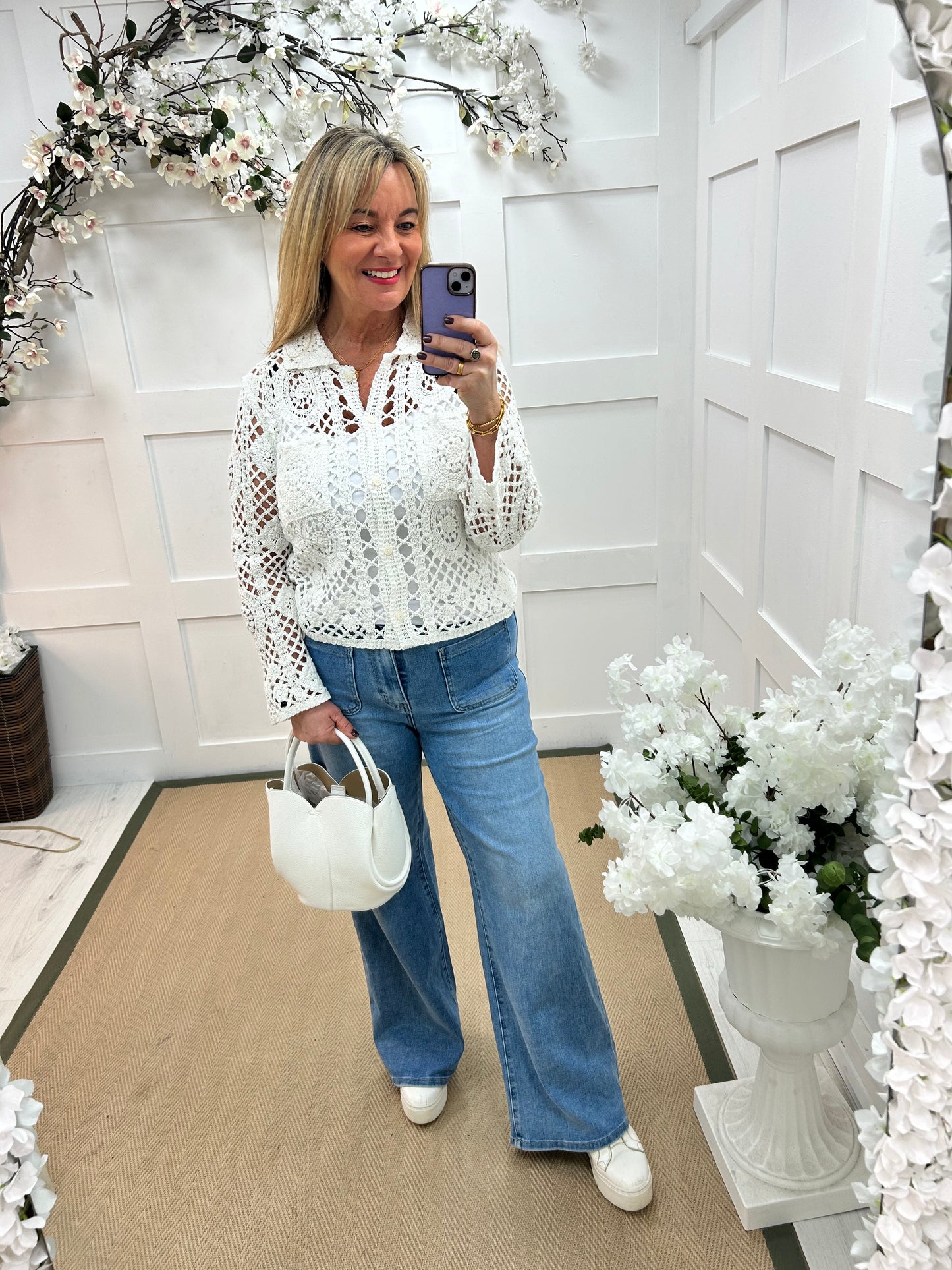 Lainey: White crochet shirt top. One size: 12-16