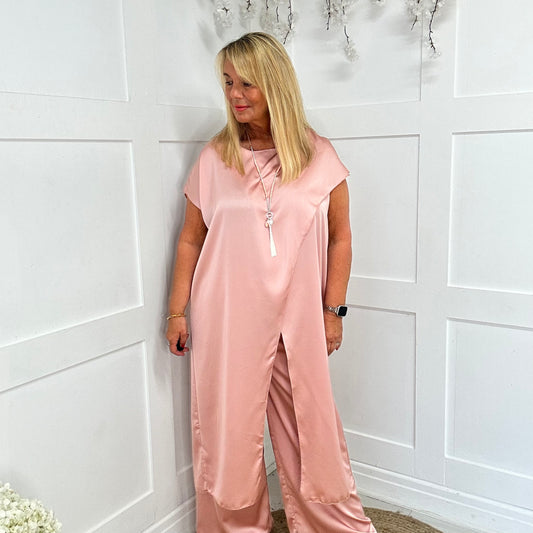 Jemima: Pink longline wide leg co-ord set. One size: 14-18