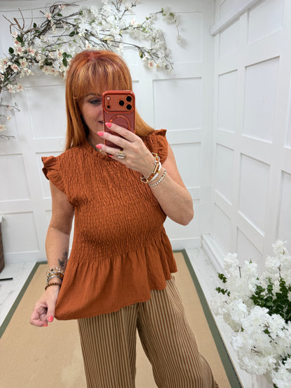 Farron: Frill sleeve shirred top. One size: 10-16. 5 colours